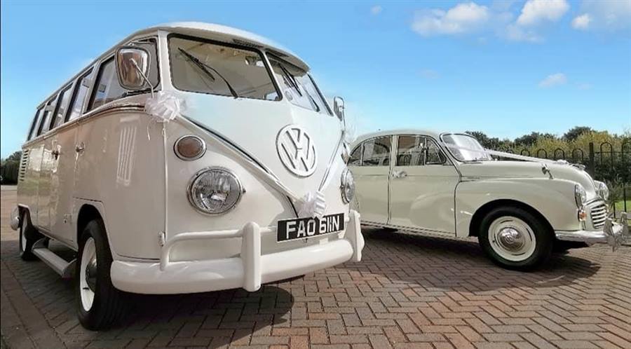 Camper and Morris Minor White Wedding Car Combo
